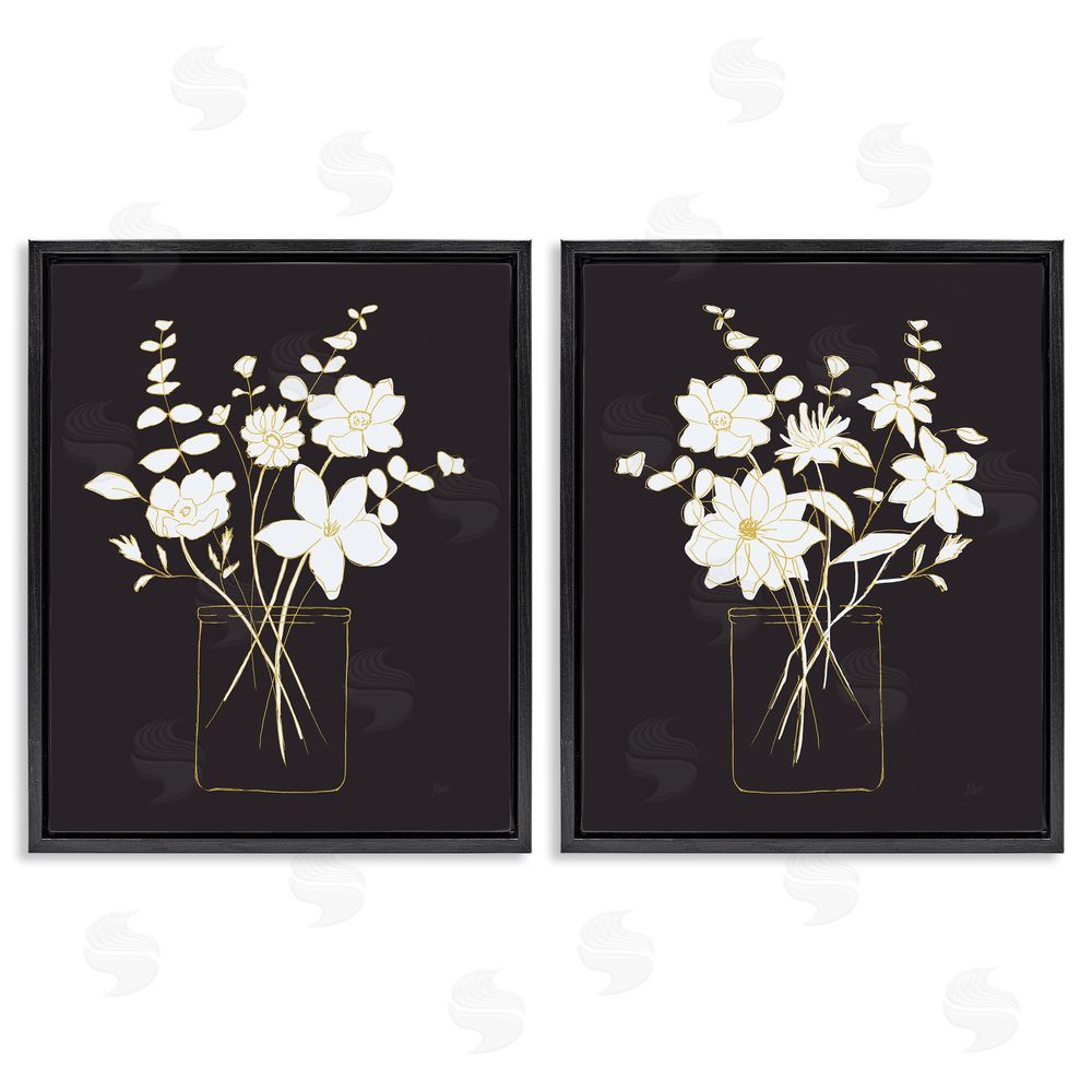 Nan Minimalist Flower Sketch in Jar Black Floating Frame Canvas Wall Art Print