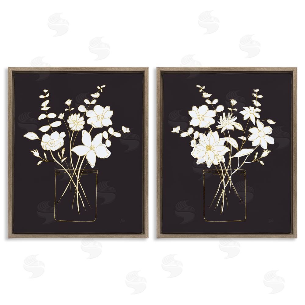 Nan Minimalist Flower Sketch in Jar Brown Floating Frame Canvas Wall Art Print