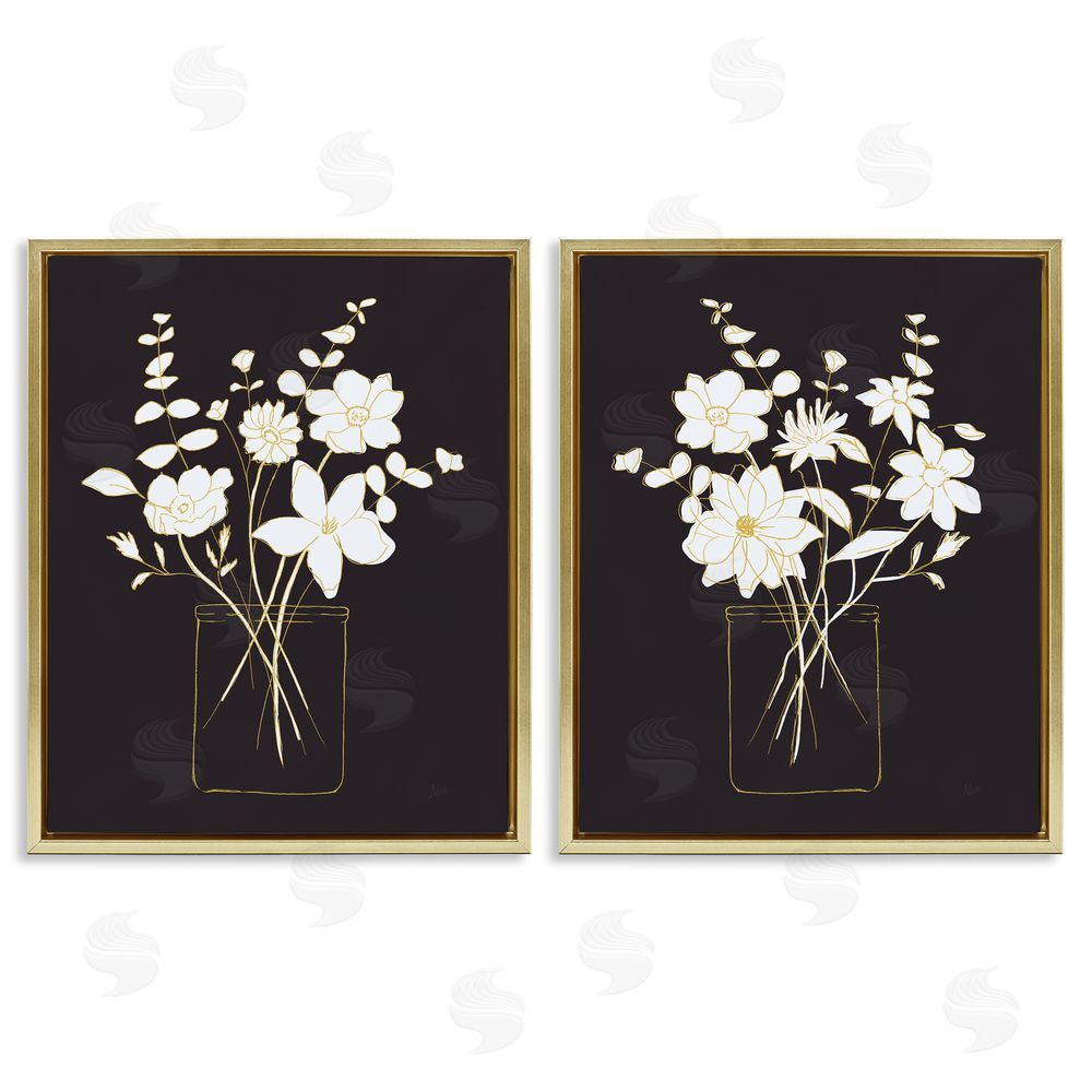 Nan Minimalist Flower Sketch in Jar Gold Floating Frame Canvas Wall Art Print