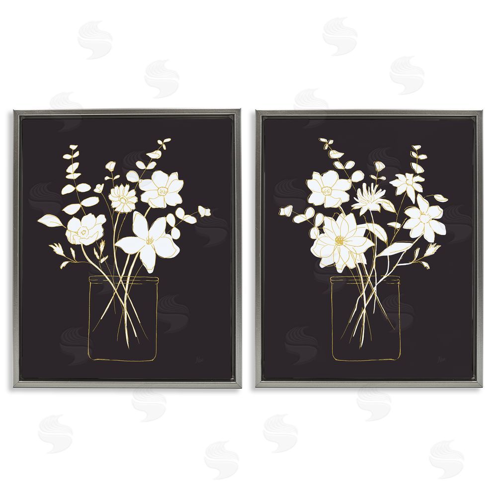 Nan Minimalist Flower Sketch in Jar Gray Floating Frame Canvas Wall Art Print