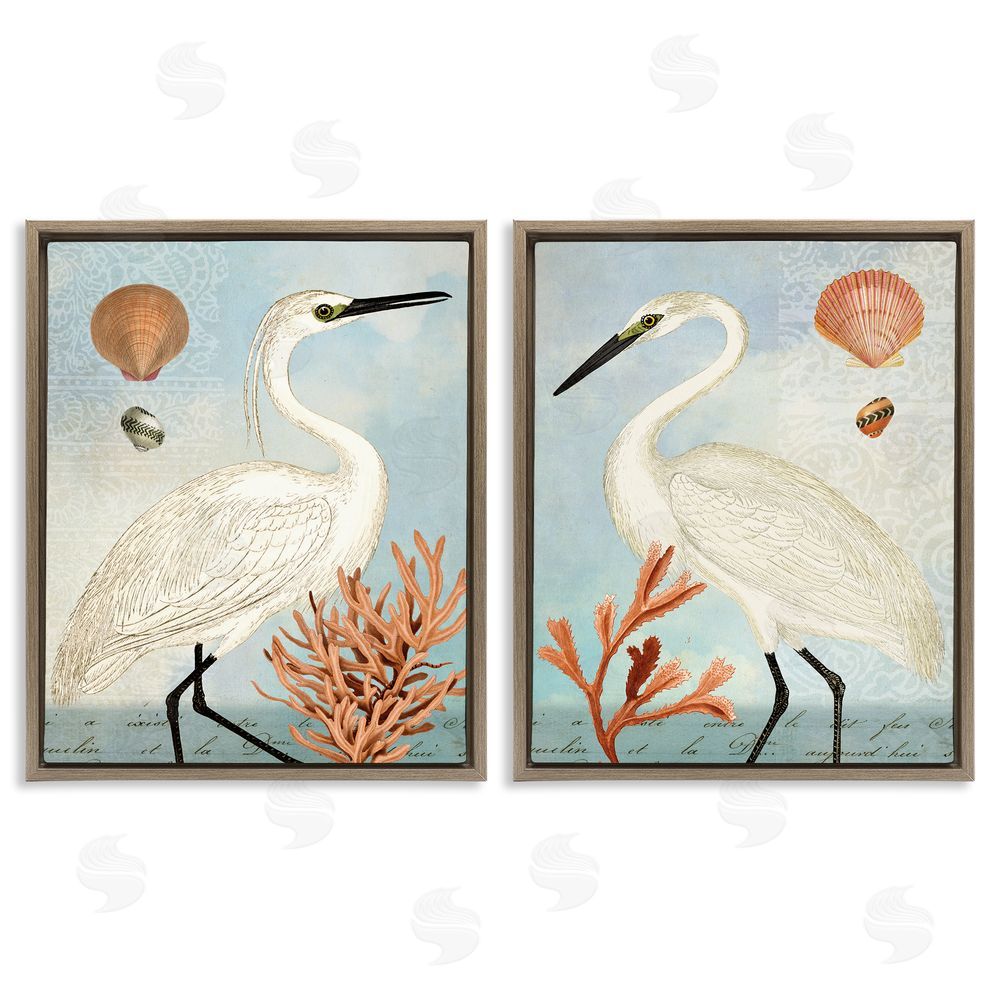 Susan Arnot Beach Items Shell Heron Egret Brown Floating Frame Canvas Wall Art Print