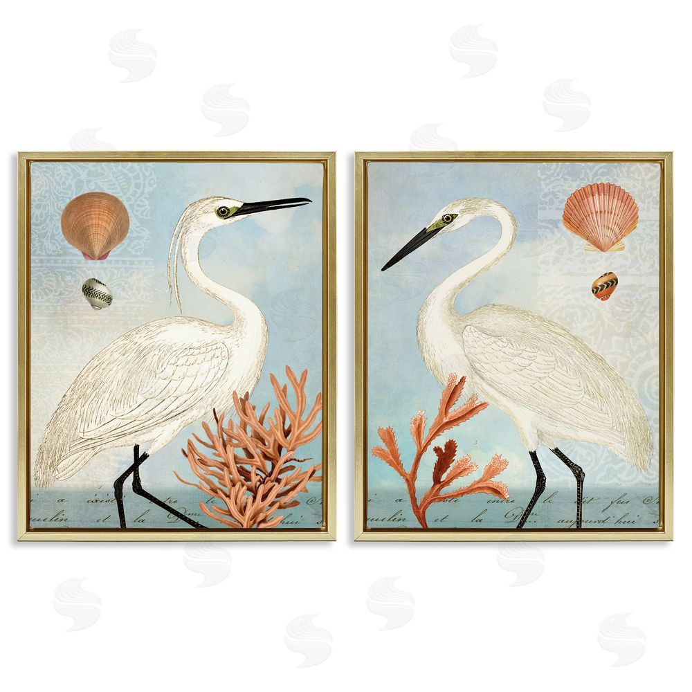 Susan Arnot Beach Items Shell Heron Egret Gold Floating Frame Canvas Wall Art Print
