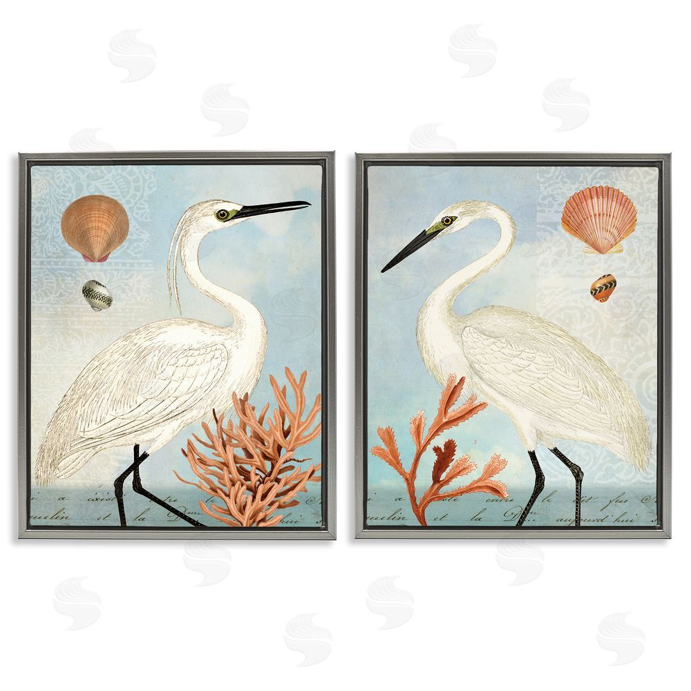 Susan Arnot Beach Items Shell Heron Egret Gray Floating Frame Canvas Wall Art Print