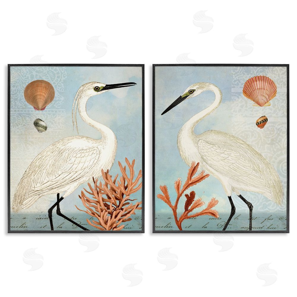 Susan Arnot Beach Items Shell Heron Egret Black Framed Giclee Wall Art Print