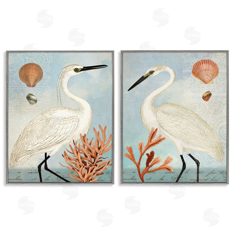 Susan Arnot Beach Items Shell Heron Egret Gray Framed Giclee Wall Art Print
