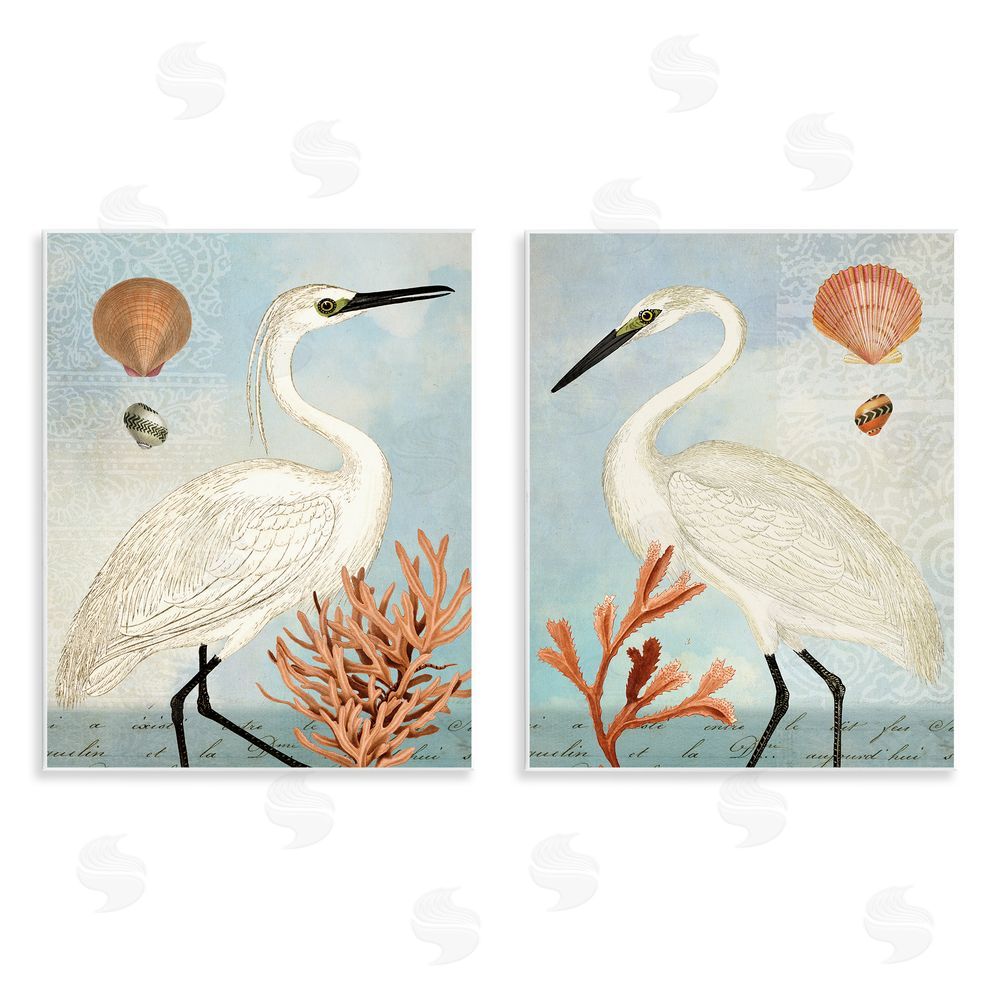 Susan Arnot Beach Items Shell Heron Egret Wooden Wall Plaque Art Print