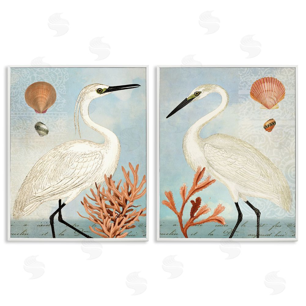 Susan Arnot Beach Items Shell Heron Egret White Framed Giclee Wall Art Print