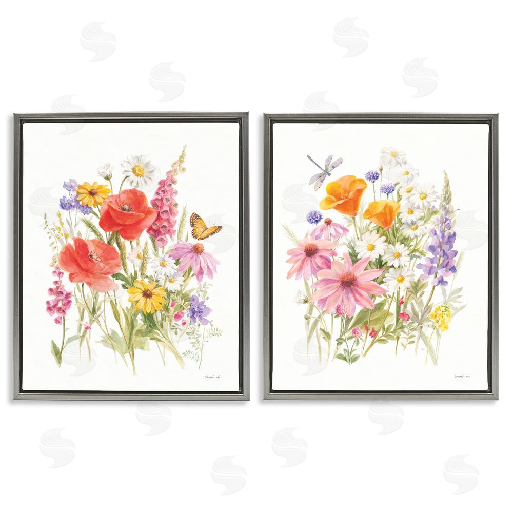 Danhui Nai Wildflowers in Bloom Insects Gray Floating Frame Canvas Wall Art Print
