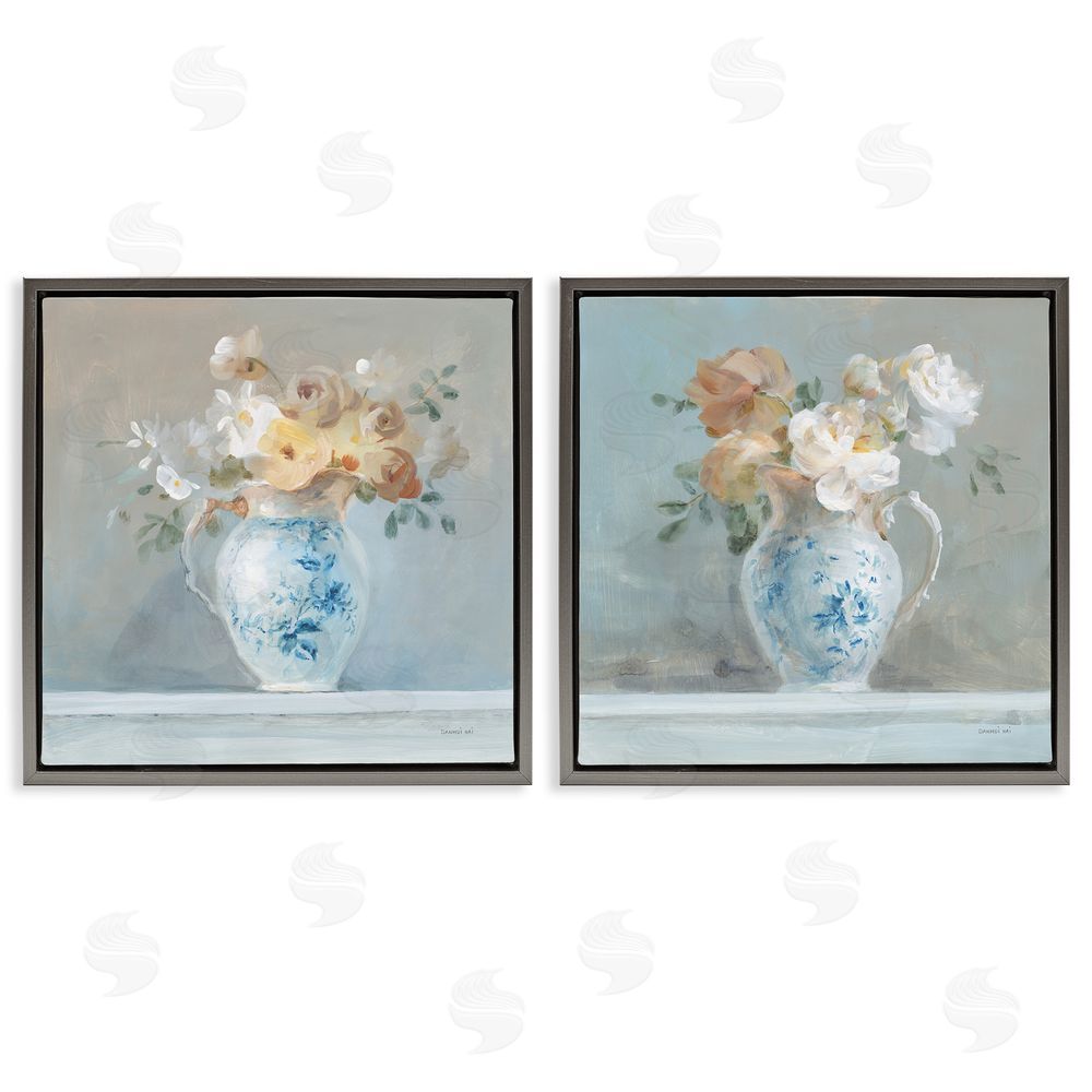 Danhui Nai Heirloom Bouquet Pitcher Gray Floating Frame Canvas Wall Art Print