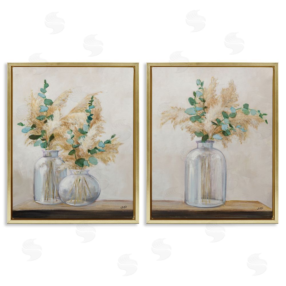 Julia Purinton Pampas Eucalyptus Bouquet  Gold Floating Frame Canvas Wall Art Print