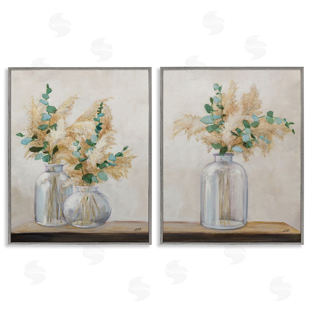Julia Purinton Pampas Eucalyptus Bouquet  Gray Framed Giclee Wall Art Print