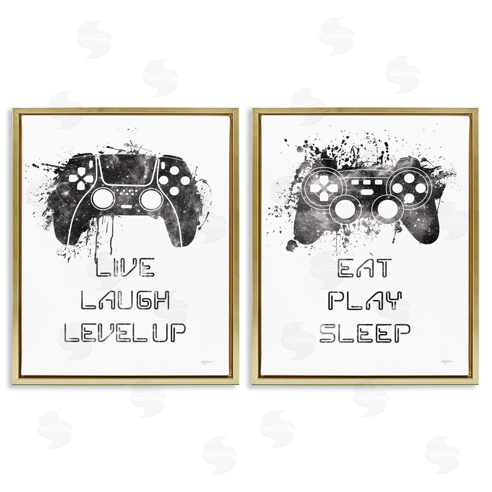 Mary Urban Gamer Play Splash Controllers Gold Floating Frame Canvas Wall Art Print