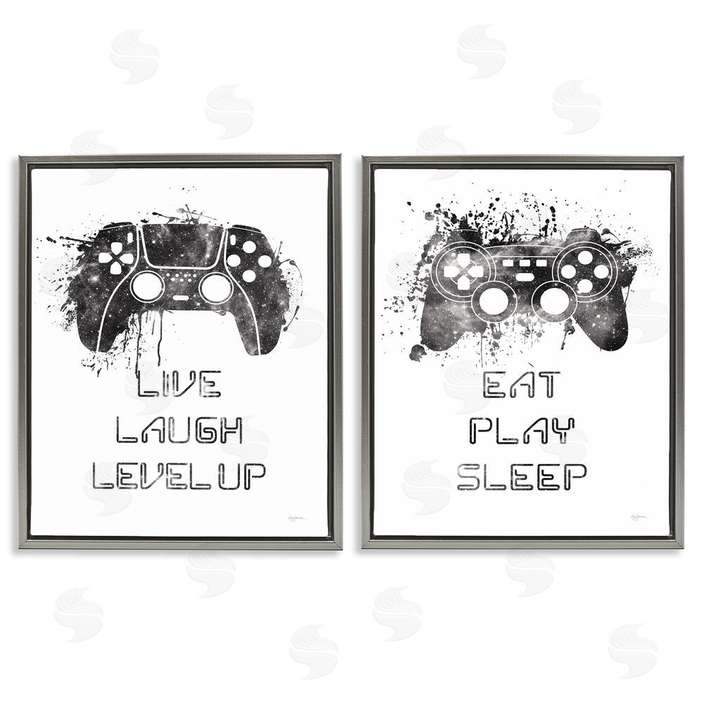 Mary Urban Gamer Play Splash Controllers Gray Floating Frame Canvas Wall Art Print
