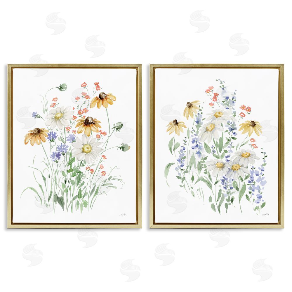 Katrina Pete Summer Garden Watercolor Daisies Gold Floating Frame Canvas Wall Art Print