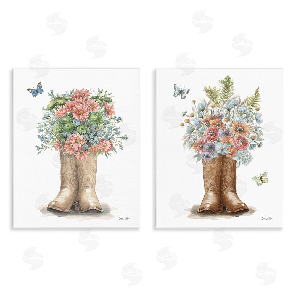 Leslie Trimbach Wildflower Western Boots Butterfly Wooden Wall Plaque Art Print