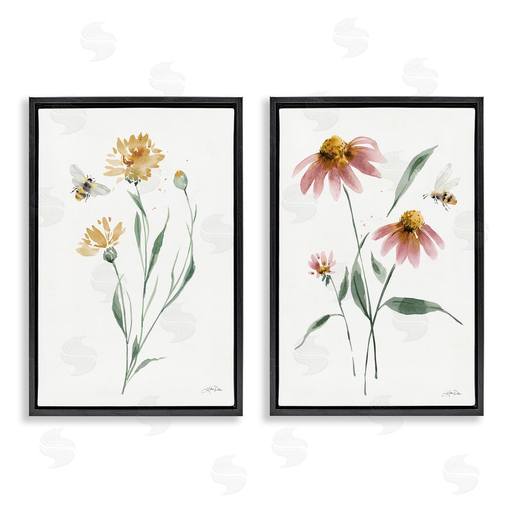 Katrina Pete Flower Stem Bees Black Floating Frame Canvas Wall Art Print