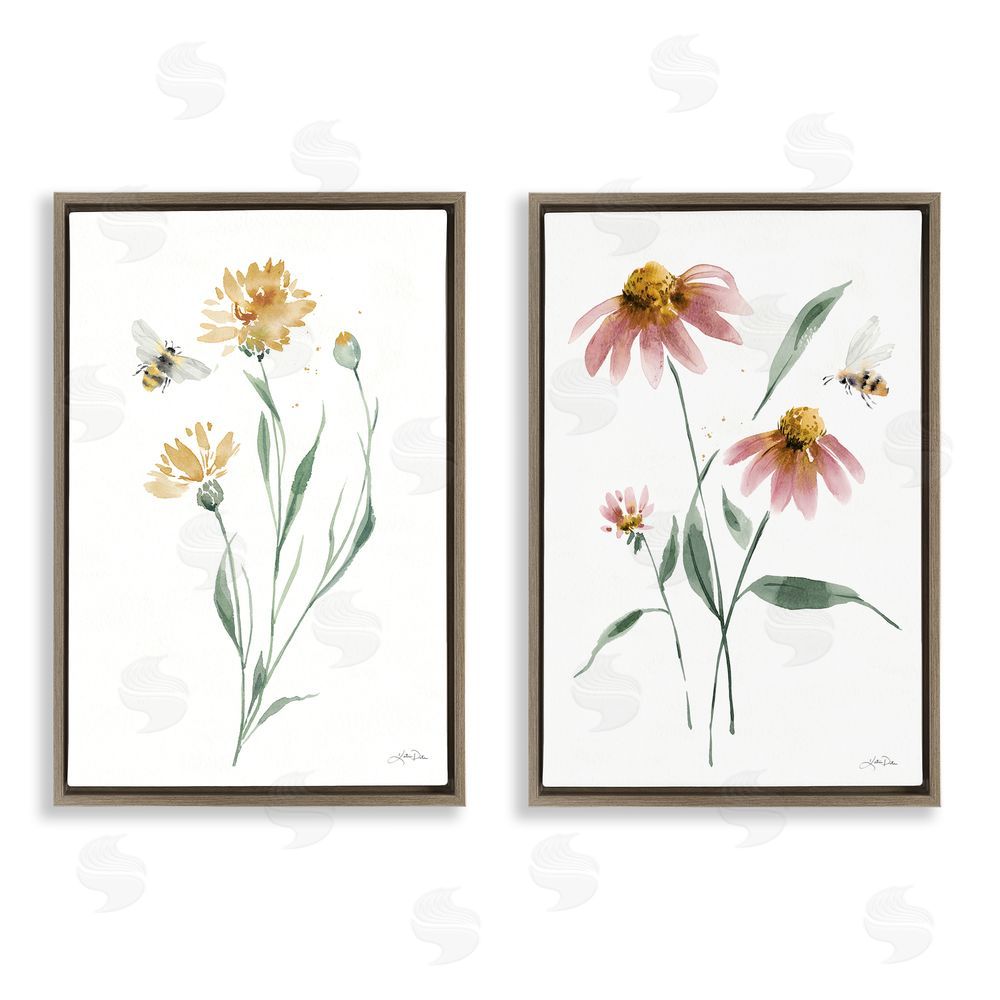 Katrina Pete Flower Stem Bees Brown Floating Frame Canvas Wall Art Print
