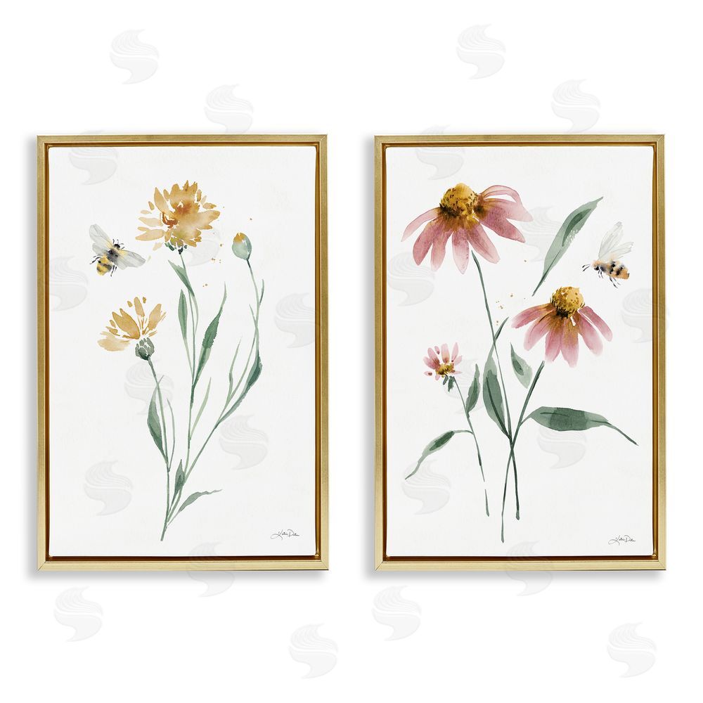 Katrina Pete Flower Stem Bees Gold Floating Frame Canvas Wall Art Print
