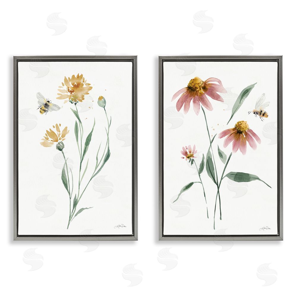Katrina Pete Flower Stem Bees Gray Floating Frame Canvas Wall Art Print