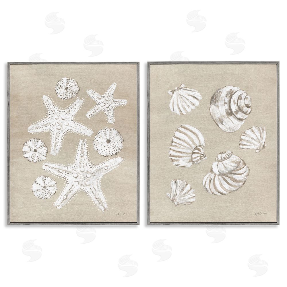 Yvette St. Amant Beach Treasure Starfish Shells Gray Framed Giclee Wall Art Print