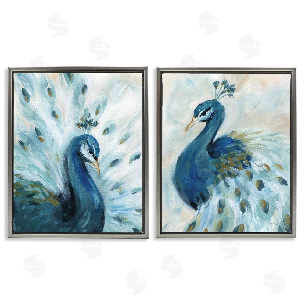 Yvette St. Amant Gentle Pretty Peacocks Gray Floating Frame Canvas Wall Art Print