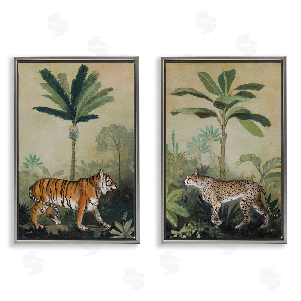 Julia Purinton Tiger Cheetah Jungle Forest Gray Floating Frame Canvas Wall Art Print