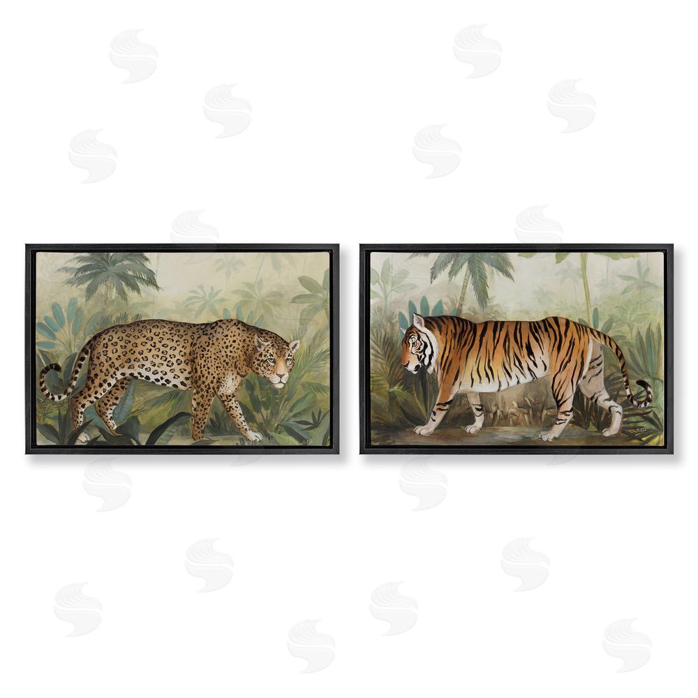 Julia Purinton Jaguar & Tiger Jungle Scene Black Floating Frame Canvas Wall Art Print