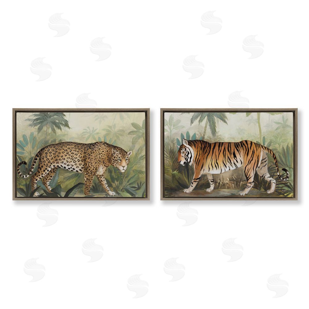 Julia Purinton Jaguar & Tiger Jungle Scene Brown Floating Frame Canvas Wall Art Print