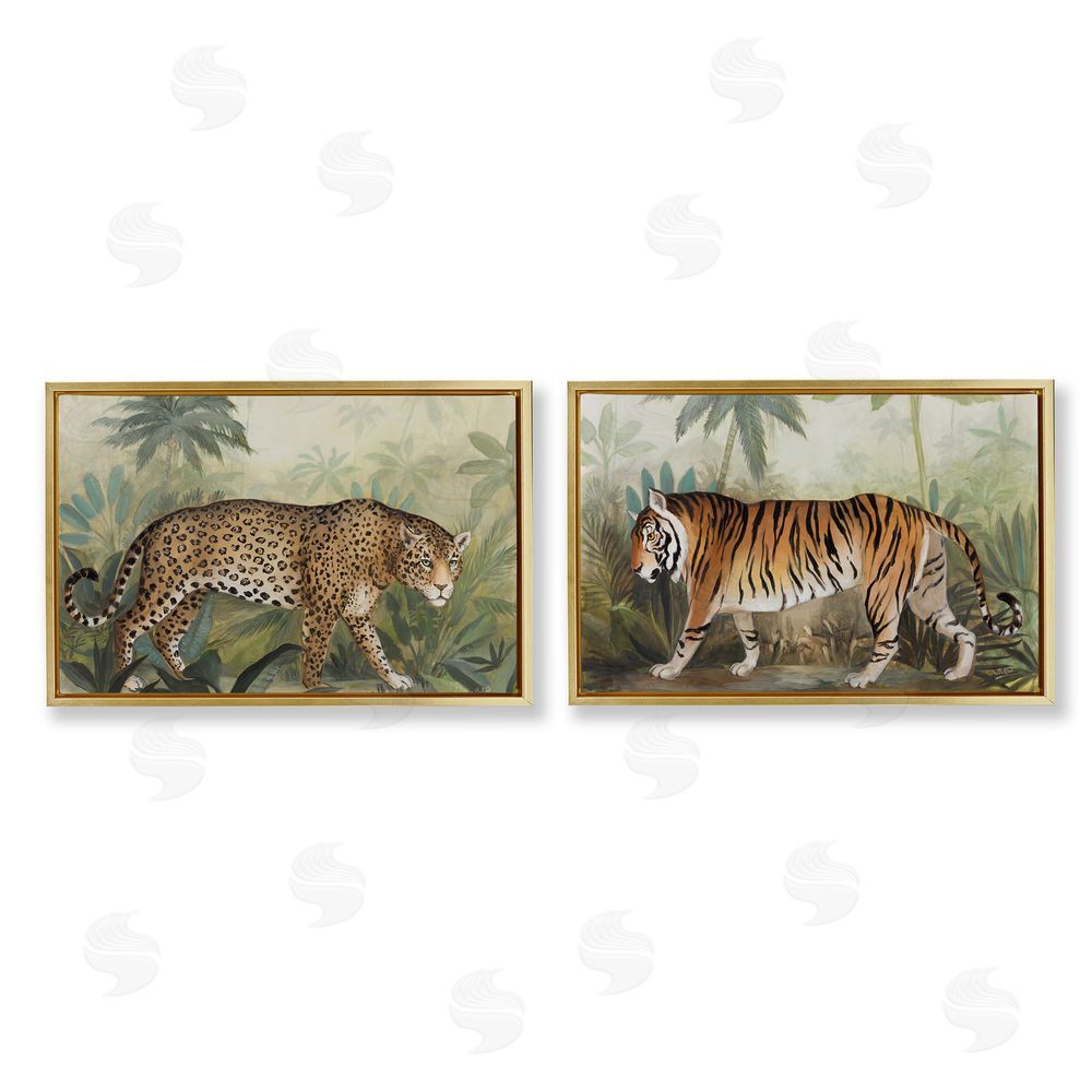 Julia Purinton Jaguar & Tiger Jungle Scene Gold Floating Frame Canvas Wall Art Print