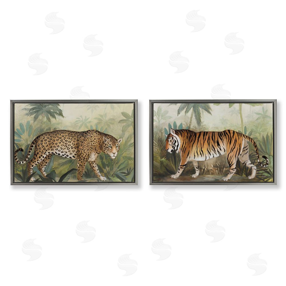 Julia Purinton Jaguar & Tiger Jungle Scene Gray Floating Frame Canvas Wall Art Print