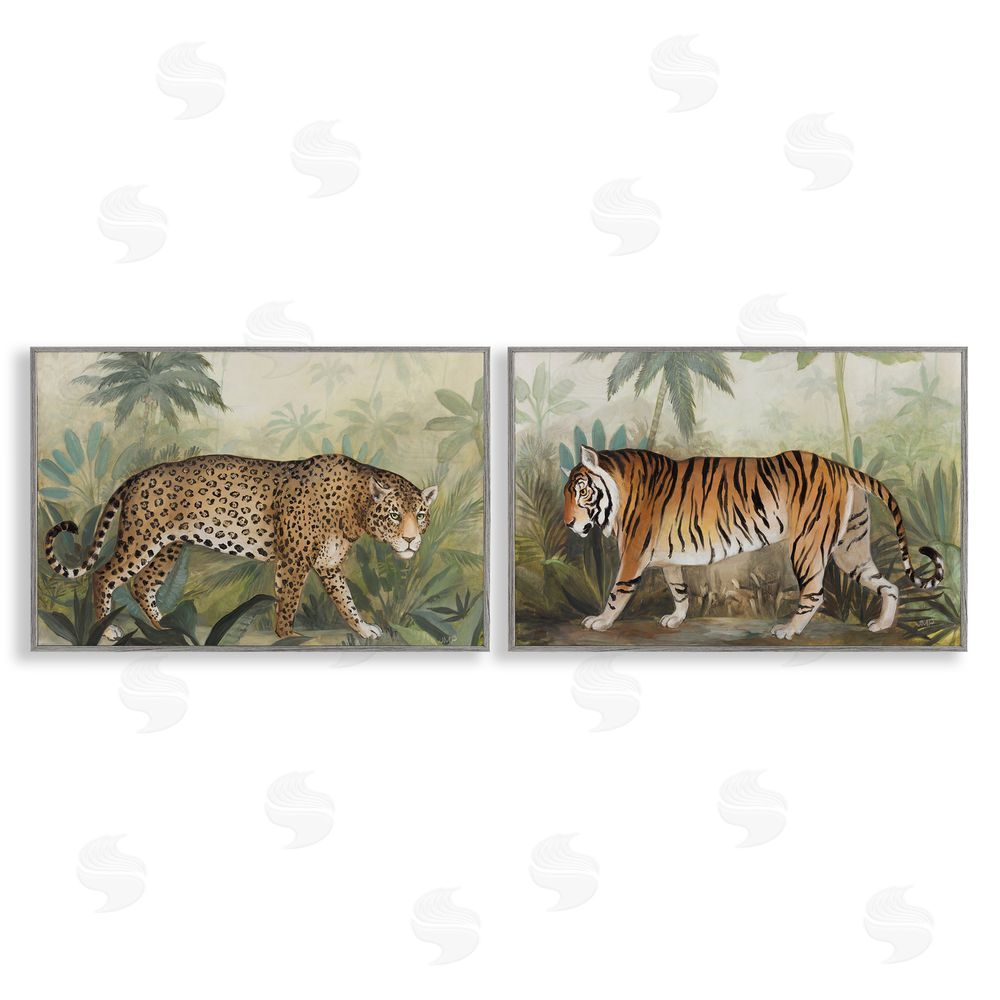 Julia Purinton Jaguar & Tiger Jungle Scene Gray Framed Giclee Wall Art Print