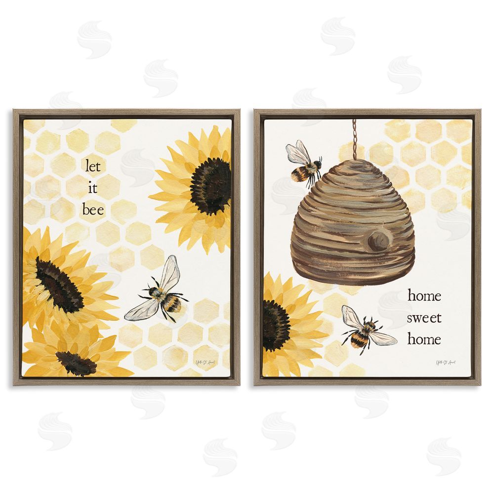 Yvette St. Amant Sunflower Let it Bee Skep Brown Floating Frame Canvas Wall Art Print