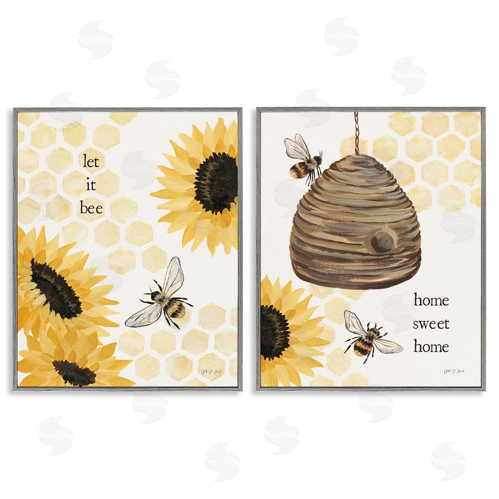 Yvette St. Amant Sunflower Let it Bee Skep Gray Framed Giclee Wall Art Print