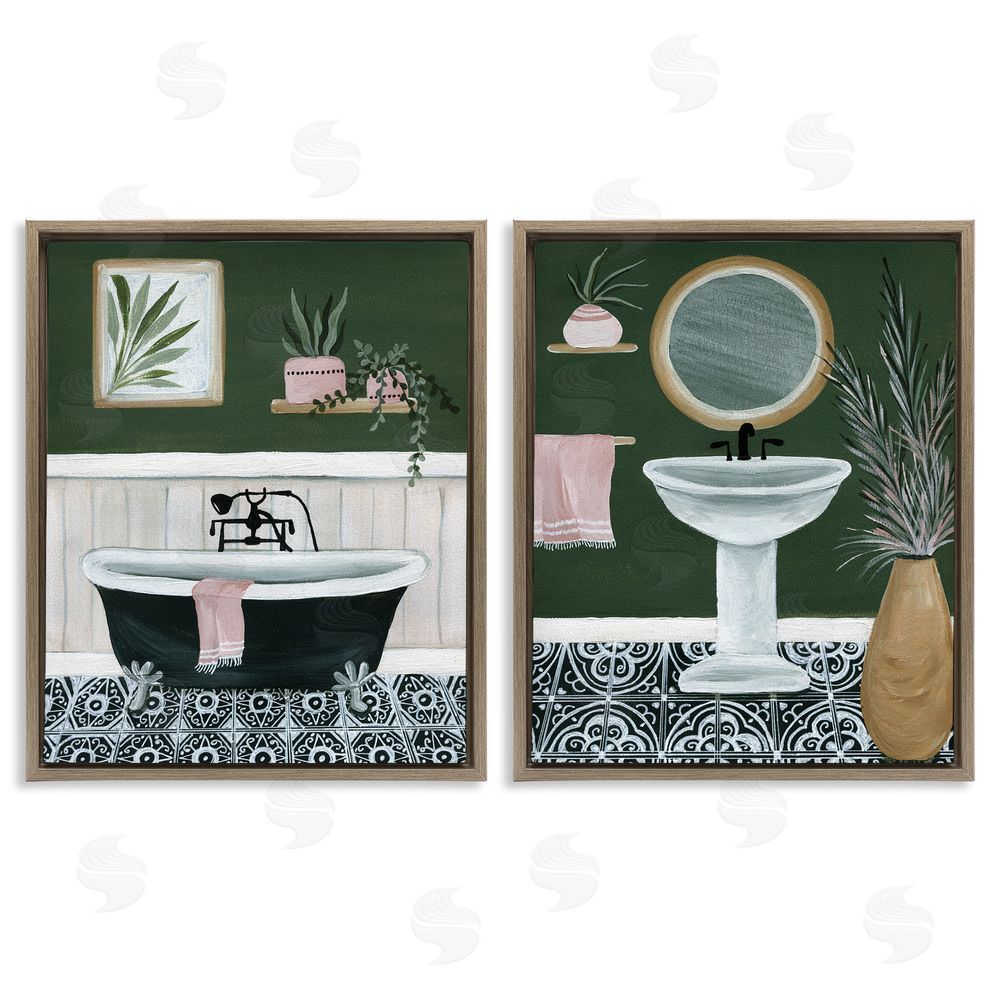 Yvette St. Amant Inviting Bold Green Bathroom  Brown Floating Frame Canvas Wall Art Print