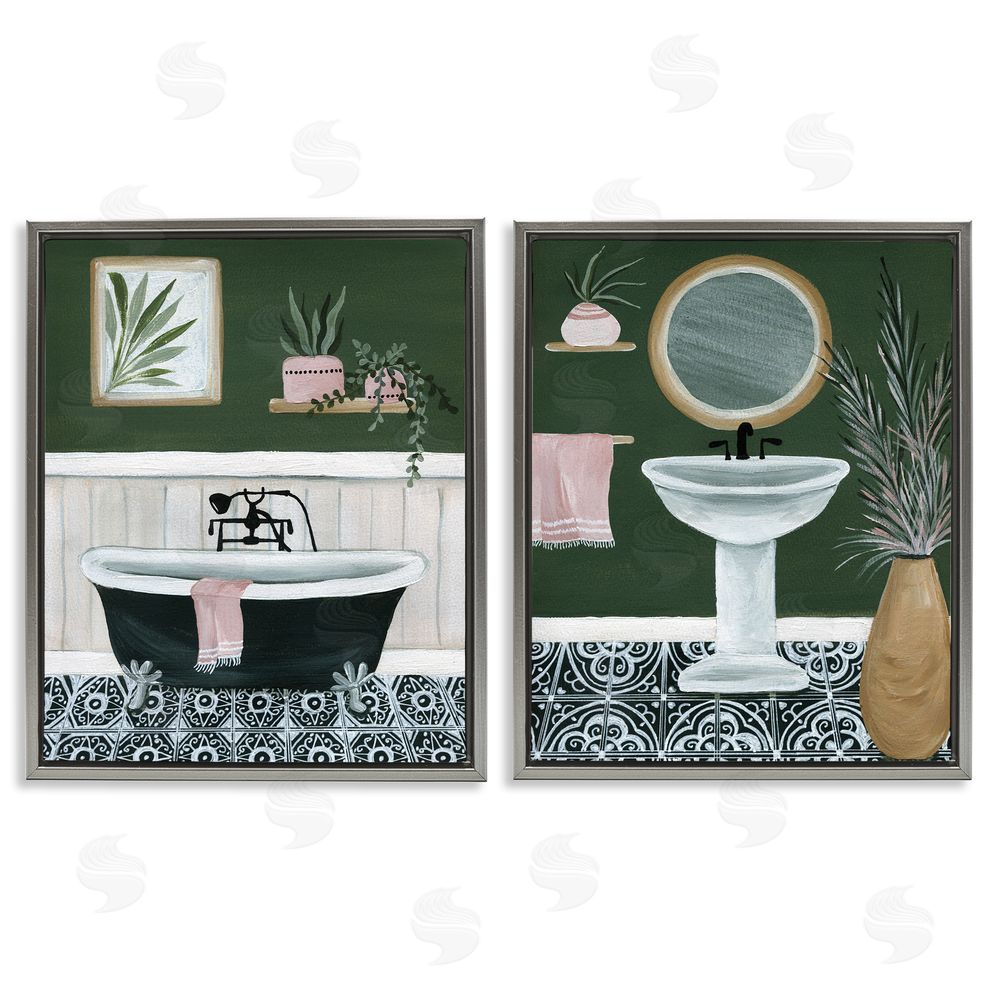 Yvette St. Amant Inviting Bold Green Bathroom  Gray Floating Frame Canvas Wall Art Print