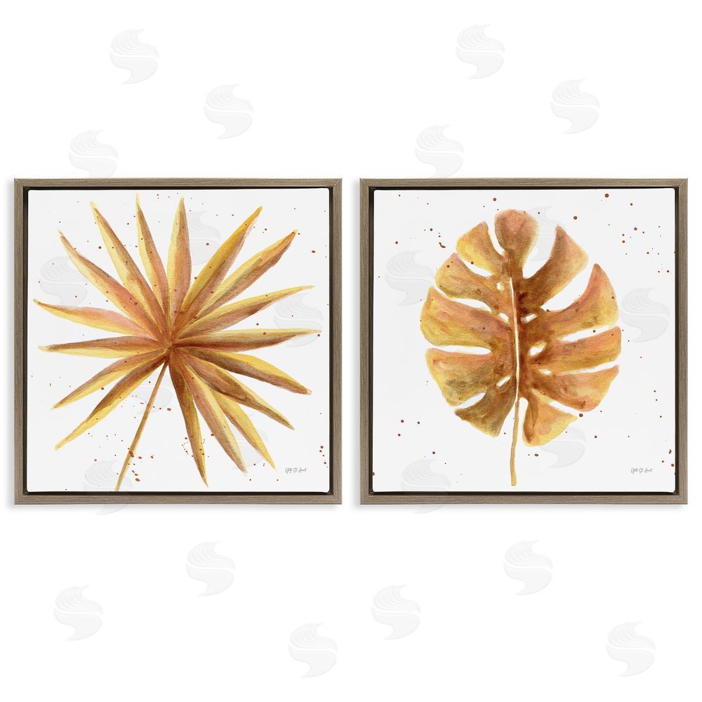 Yvette St. Amant Golden Palm Monstera Leaves Brown Floating Frame Canvas Wall Art Print