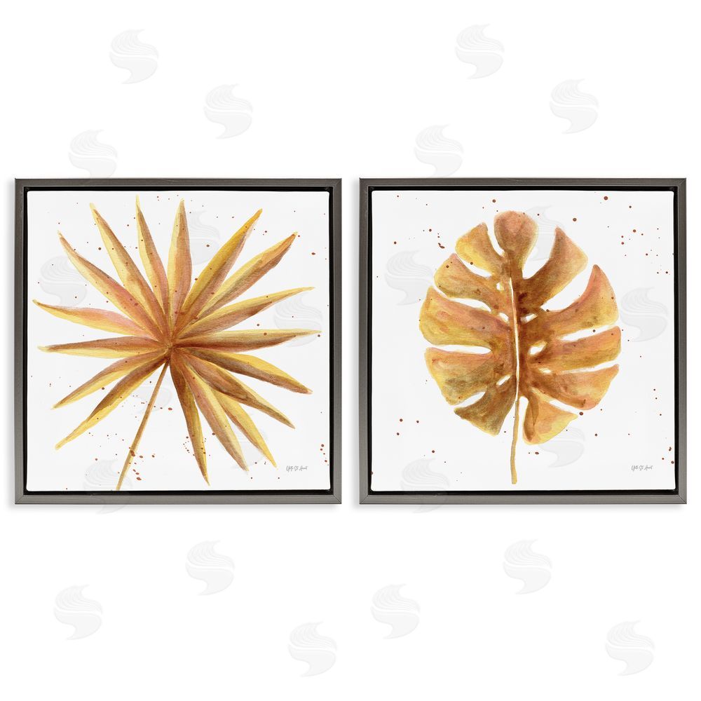 Yvette St. Amant Golden Palm Monstera Leaves Gray Floating Frame Canvas Wall Art Print