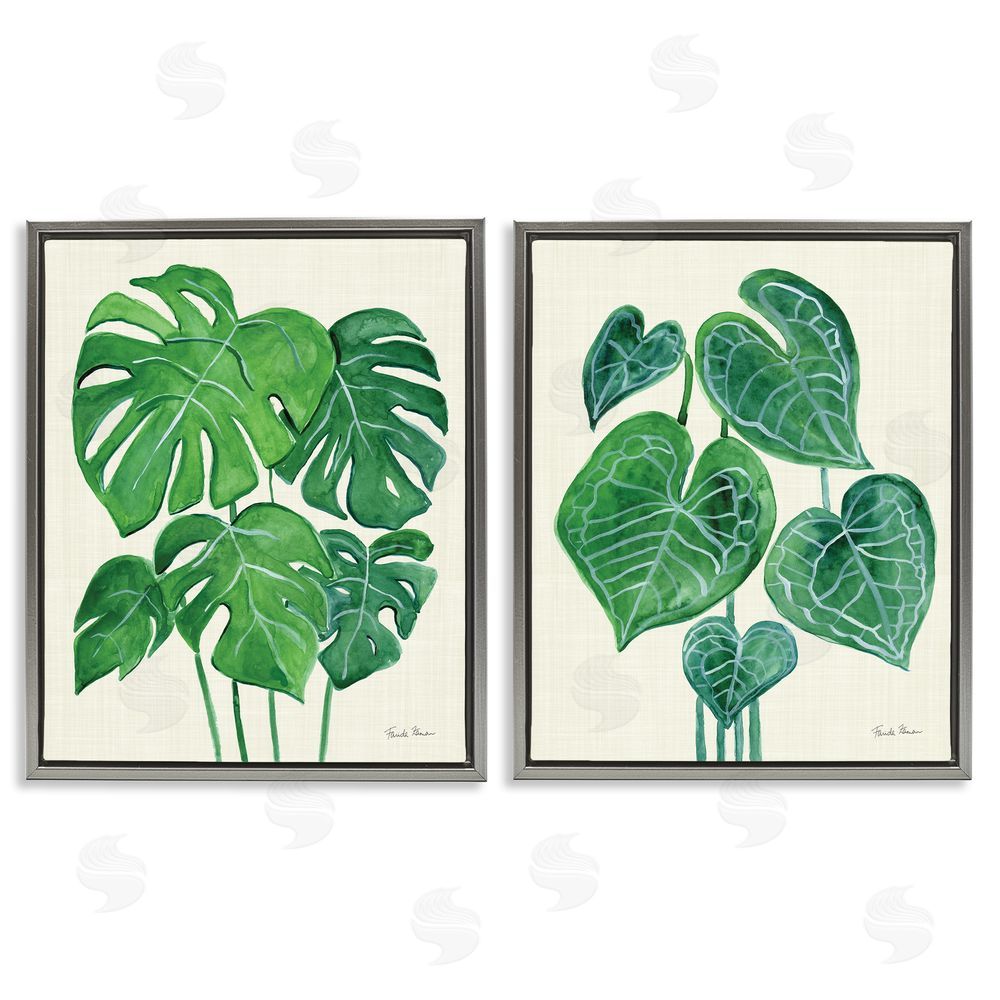 Farida Zaman Thriving Detailed Monstera Leaves  Gray Floating Frame Canvas Wall Art Print