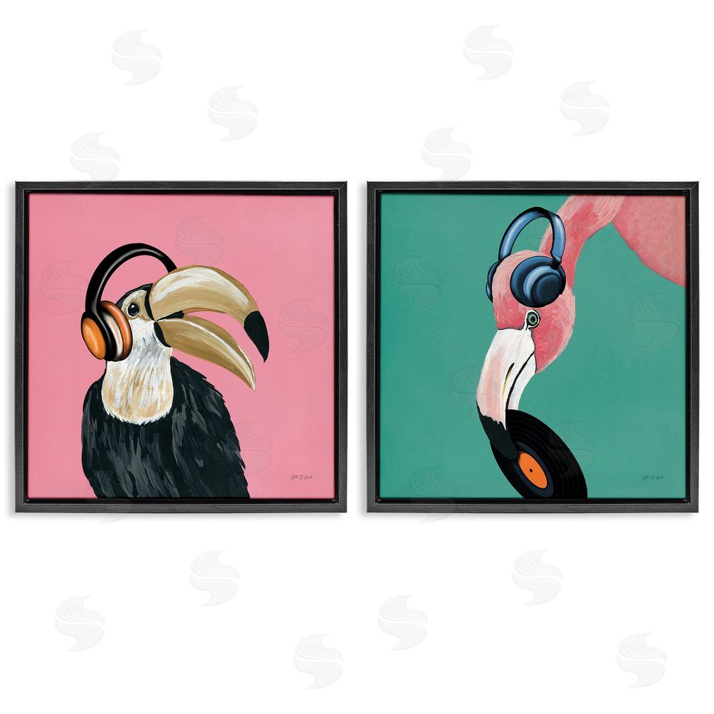 Yvette St. Amant Toucan and Flamingo Musical Pals  Black Floating Frame Canvas Wall Art Print