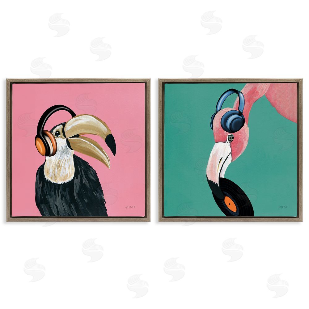 Yvette St. Amant Toucan and Flamingo Musical Pals  Brown Floating Frame Canvas Wall Art Print