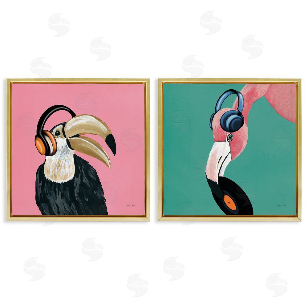 Yvette St. Amant Toucan and Flamingo Musical Pals  Gold Floating Frame Canvas Wall Art Print