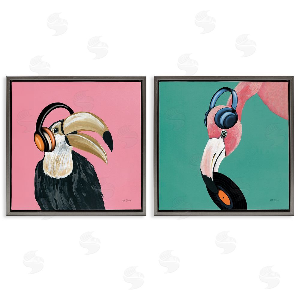 Yvette St. Amant Toucan and Flamingo Musical Pals  Gray Floating Frame Canvas Wall Art Print