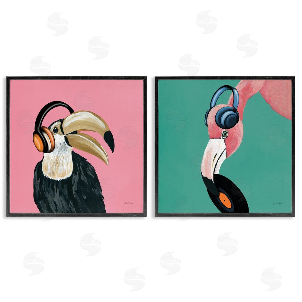 Yvette St. Amant Toucan and Flamingo Musical Pals  Black Framed Giclee Wall Art Print