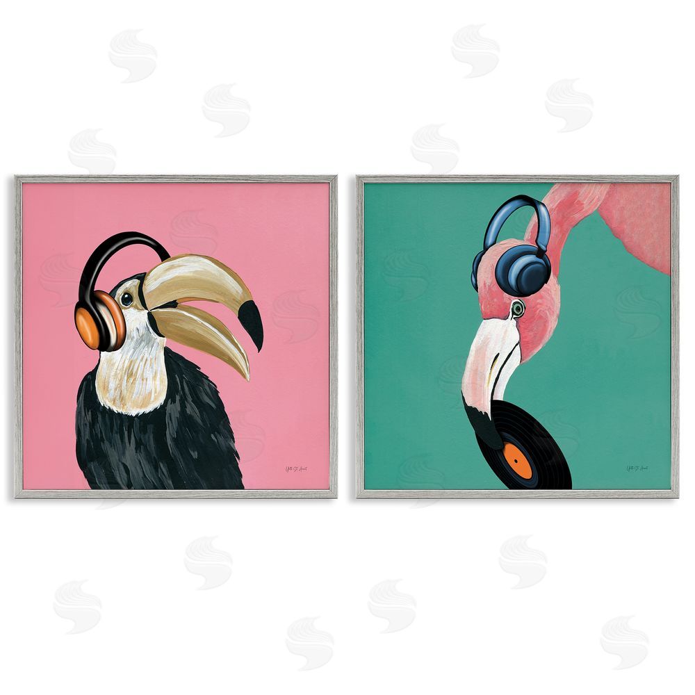 Yvette St. Amant Toucan and Flamingo Musical Pals  Gray Framed Giclee Wall Art Print