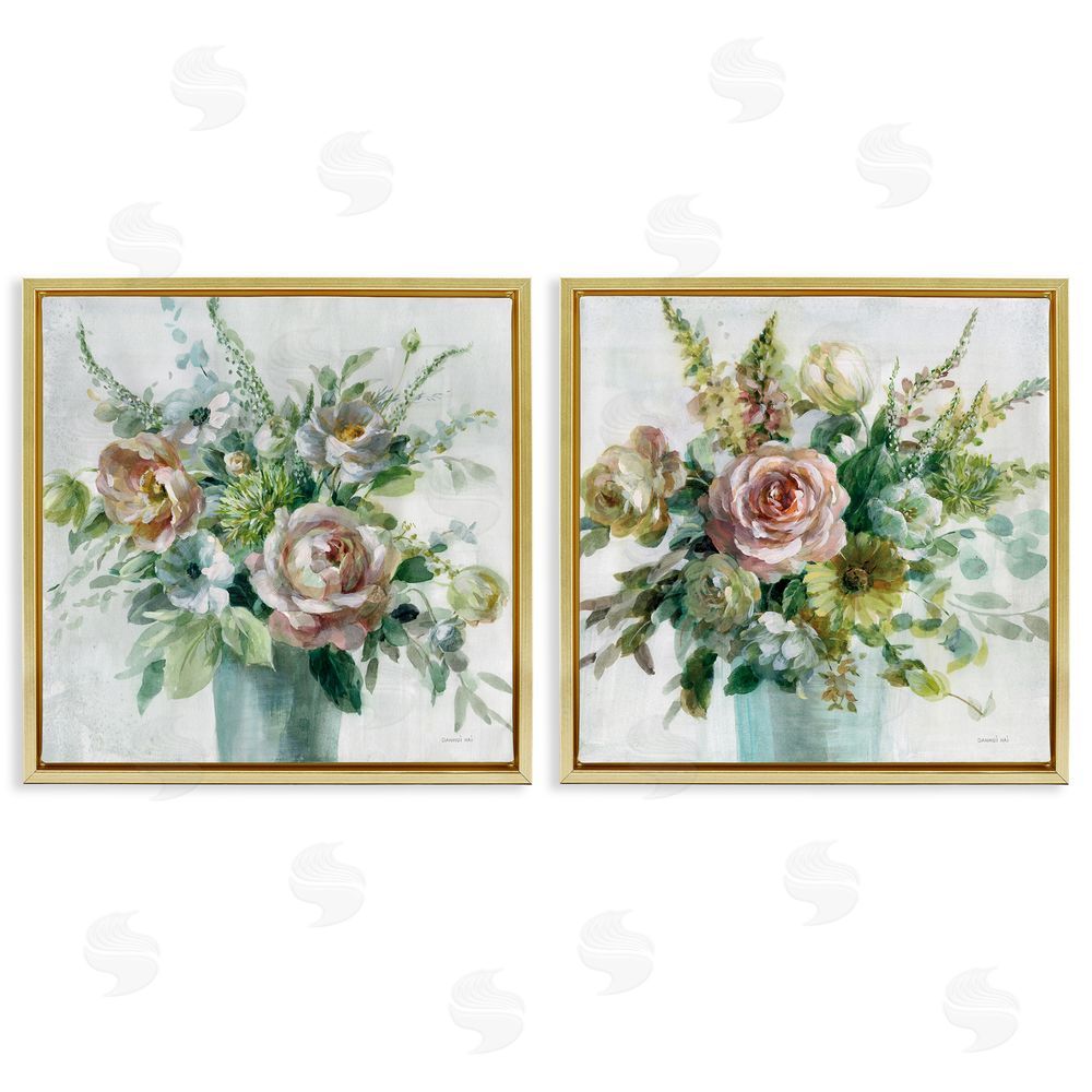Danhui Nai Sage Peach Still Life Florals Gold Floating Frame Canvas Wall Art Print