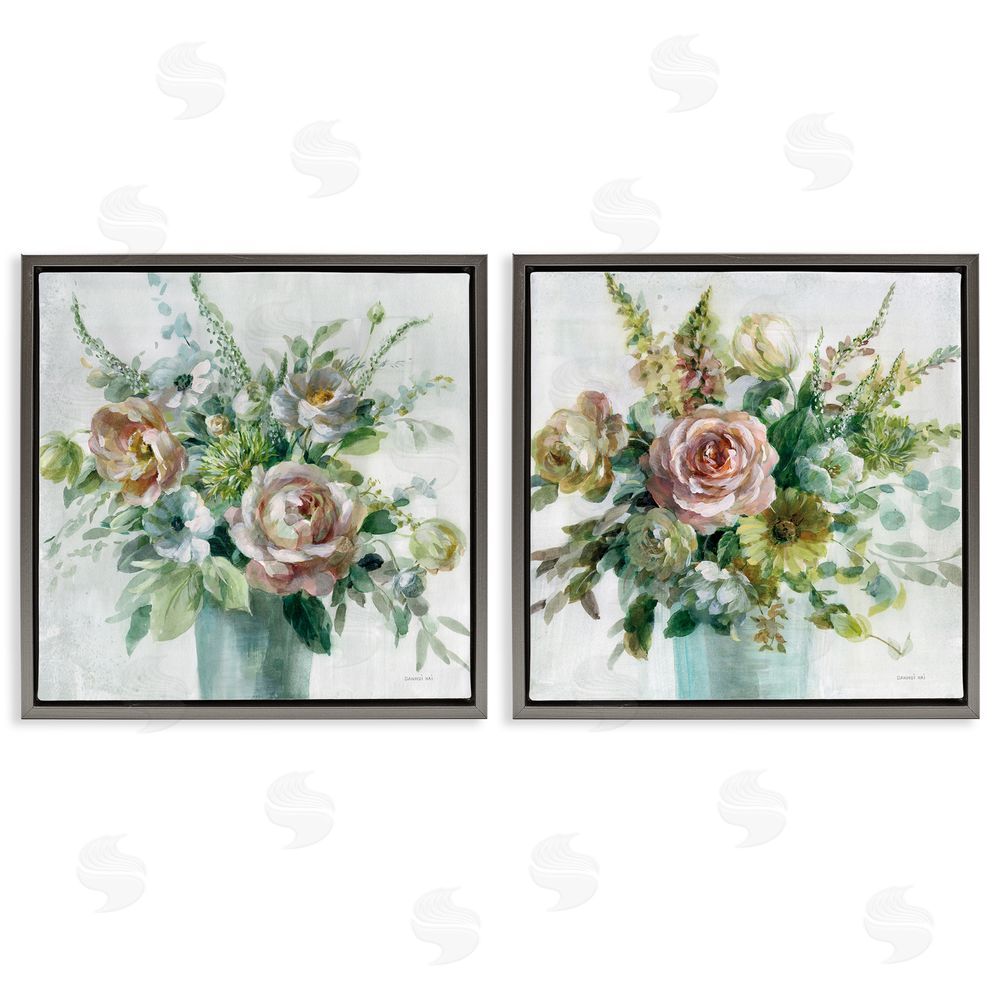 Danhui Nai Sage Peach Still Life Florals Gray Floating Frame Canvas Wall Art Print