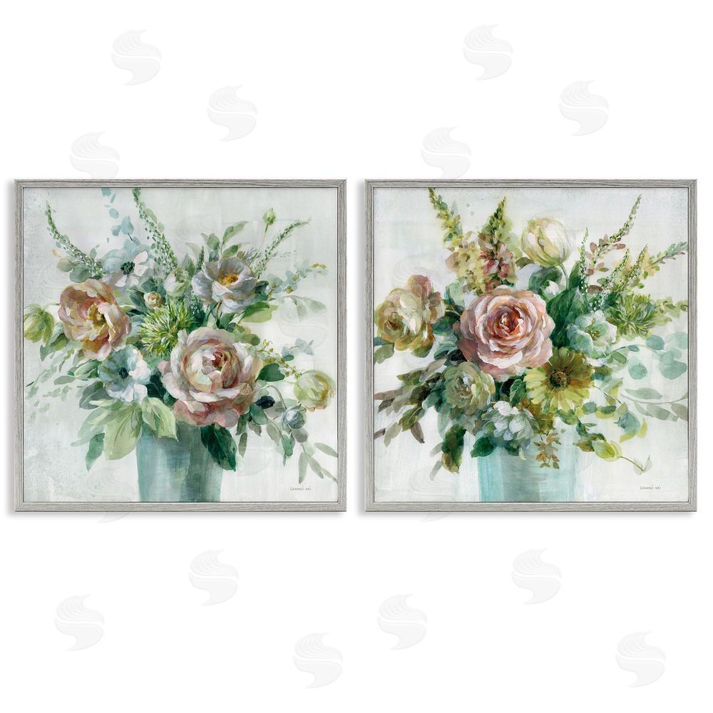 Danhui Nai Sage Peach Still Life Florals Gray Framed Giclee Wall Art Print