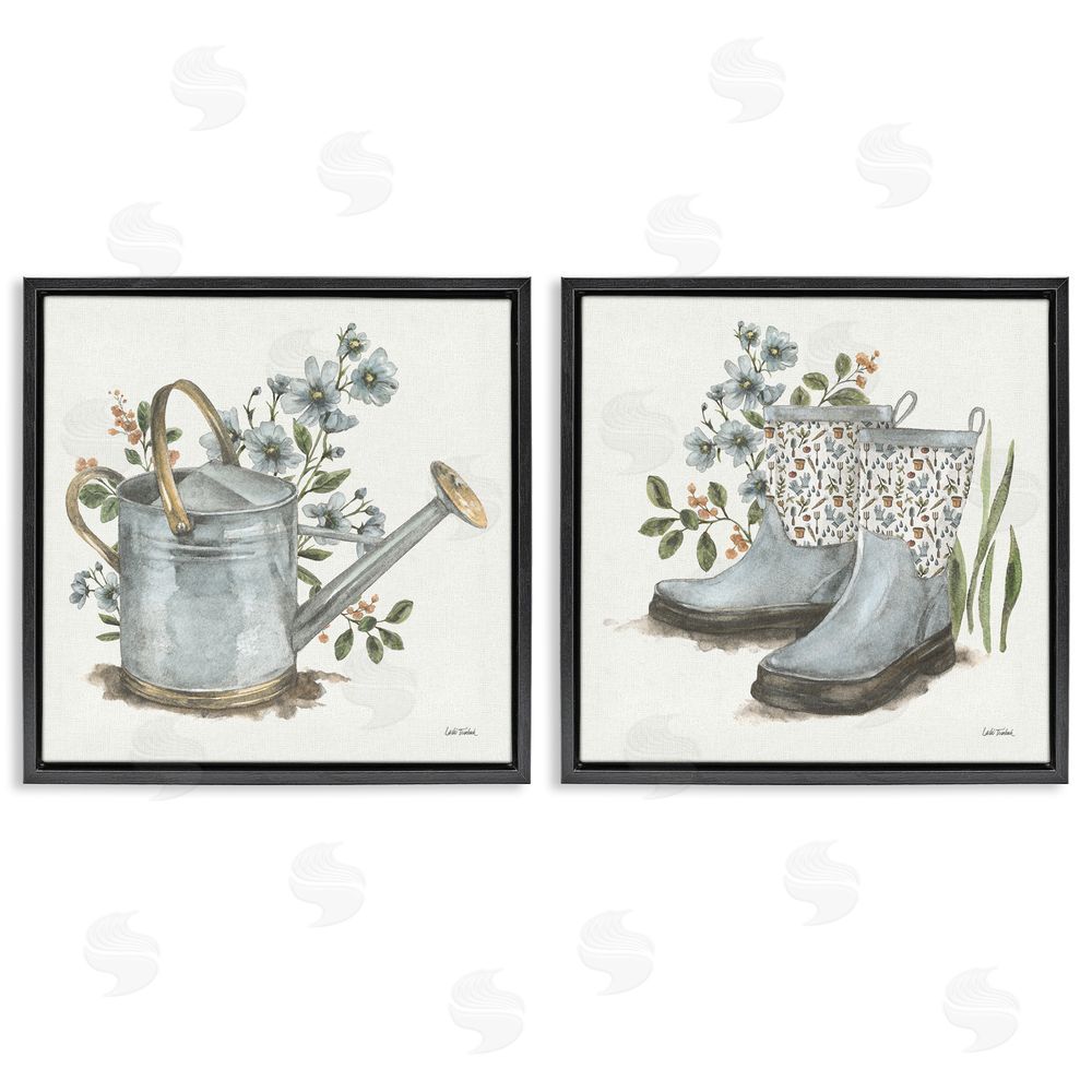 Leslie Trimbach Floral Watering Can Gardening Boots  Black Floating Frame Canvas Wall Art Print