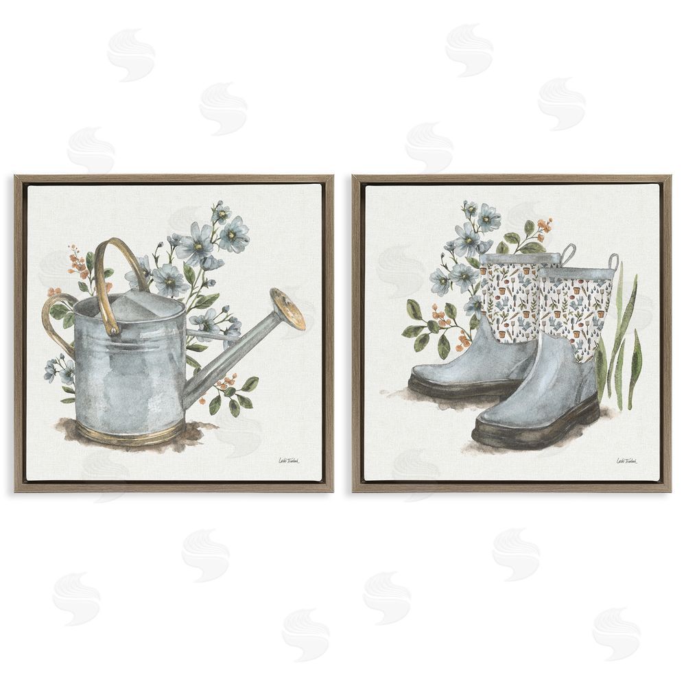 Leslie Trimbach Floral Watering Can Gardening Boots  Brown Floating Frame Canvas Wall Art Print