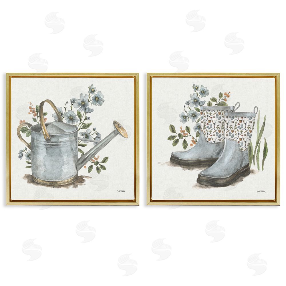 Leslie Trimbach Floral Watering Can Gardening Boots  Gold Floating Frame Canvas Wall Art Print